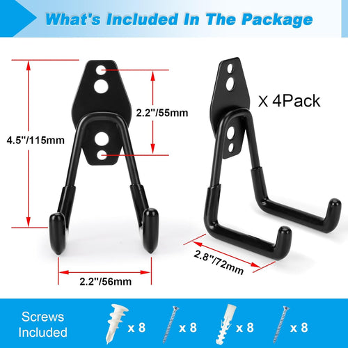 4 Pack Garage Hooks Heavy Duty - Supports 100 lbs, Utility Steel Garage Hanger & Organizer for Organizing Garden Lawn Tools, Ladders, Garden Hose, Digging Shovel, Bikes, Ropes