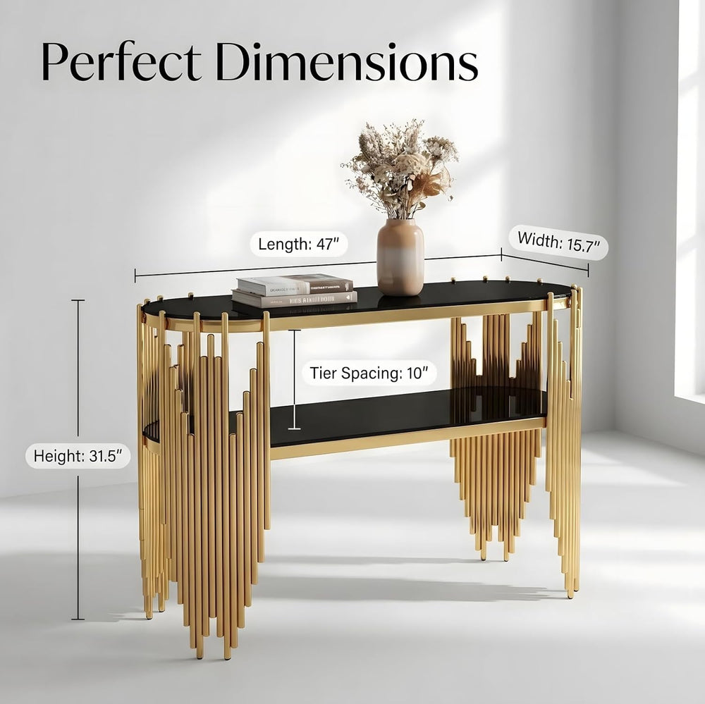 Luxury Gold Console Table with 2-Tier Black Tempered Glass Shelves, 47" ...
