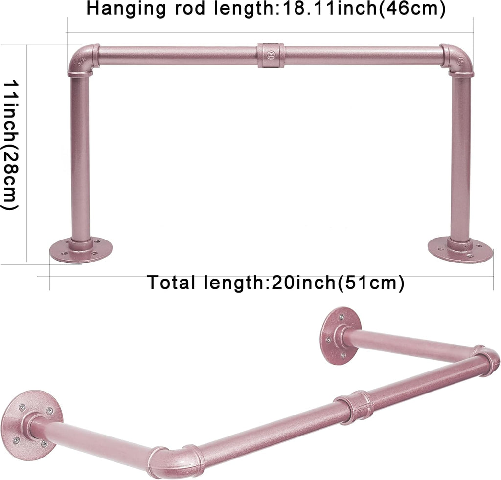 WEBI Industrial Pipe Clothing Rack,20" Wall Mounted Clothes Rack for Hanging Clothes,Heavy Duty Metal Garment Rack Bar Wall Mount Clothing Rod for Closet,Laundry Room,Rose Gold