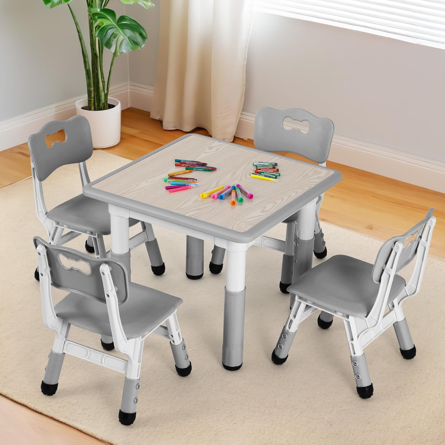 Arlopu Kids Table and 4 Chairs Set, Anti-Slip Toddler Activity Desk | Height Adjustable ((18.9"–23.6"), Wipe-Clean Desktop, Montessori Learning, Drawing, Classroom, Home & Daycare (Grey)