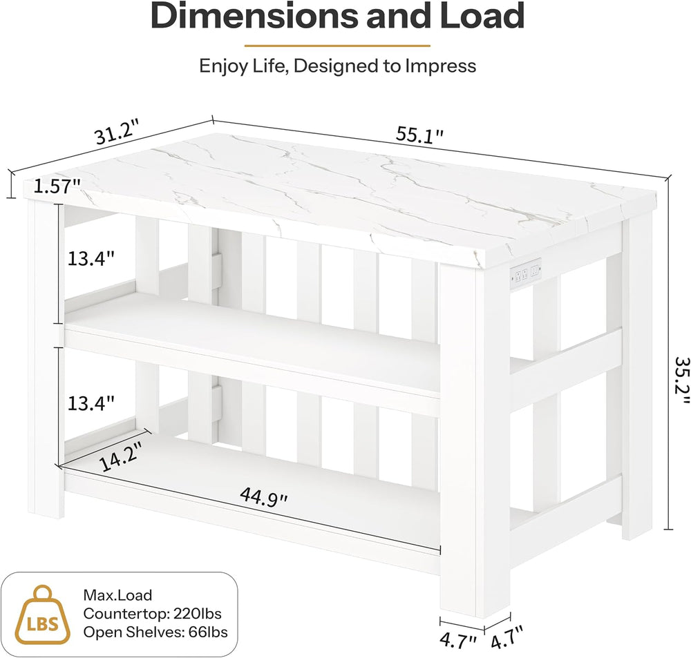 DynJest Kitchen Island with Storage, 55 Inch Large Faux Marble Prep Worktop |...