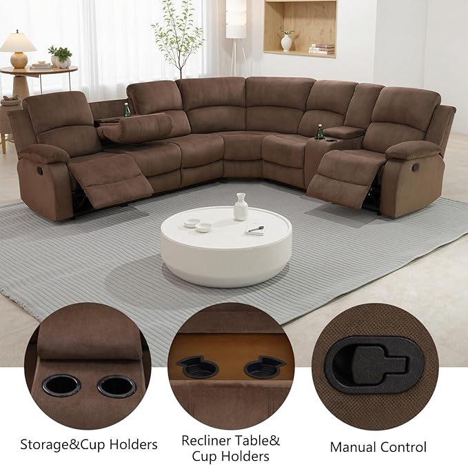 Manual Recliner Sectional Sofa Set, Fabric L-Shaped Living Room Furniture Sets, Reclining Sectional Corner Couch and Recliner Chair Set for Home Office (Brown, Sectional + Chair)