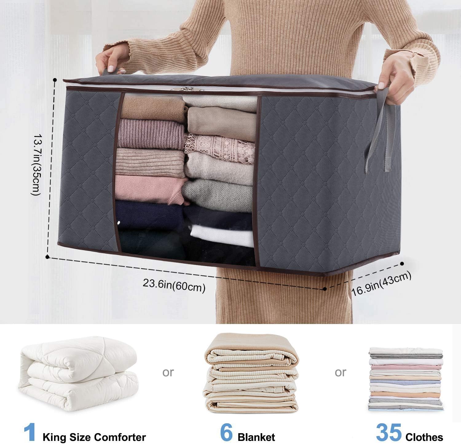 Lifewit 90L Large Storage Bags, 6 Pack Closet Organizers and Storage, Clothes Storage Bins with Lids, Foldable Storage Containers with Reinforced Handles for Clothing, Blanket, Bedding, Comforter Gray