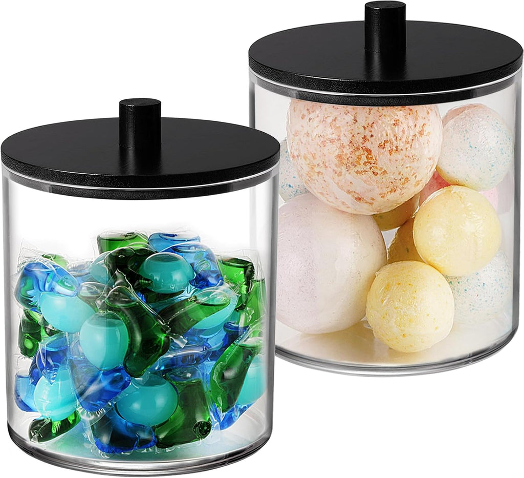 SheeChung 2 Pack 50 Oz Large Apothecary Jar with Bamboo Lid, Laundry Pods Container, Storage Jars for Bathroom Organization, Plastic Canisters with Cute Stickers Spoons(Black)