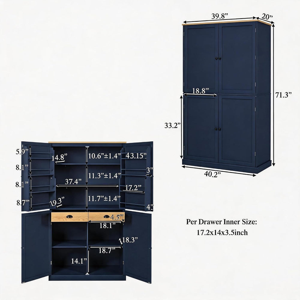 71.3" Kitchen Pantry Cabinet, Freestanding Cupboard, Blue | Painted MDF,...