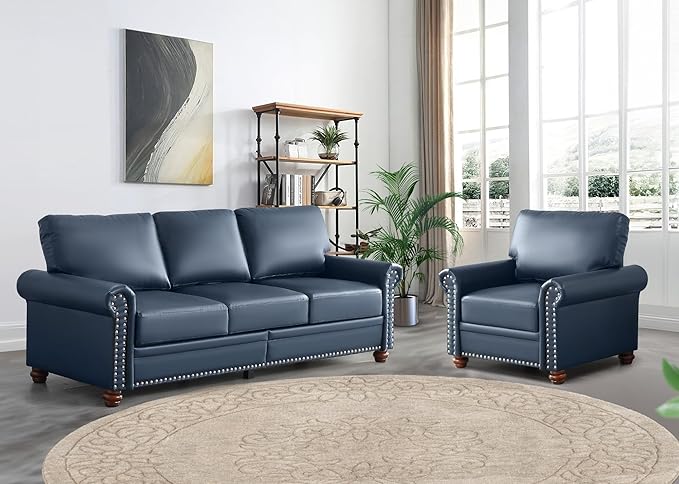 2 Piece Faux Leather Sofa Set,Modern Chair and Couch Sets with Storage,Mid Century Couch with Rivet Rolled Arm,Comfy Deep Seat Sofa,Furniture for Living Room,Office(Armchair+3 Seater,Navy Blue)
