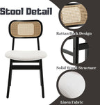 Rattan Dining Chairs Set of 6 Black Linen Fabric Dining Room Chairs Natural Wooden Kitchen Chairs Farmhouse Boho