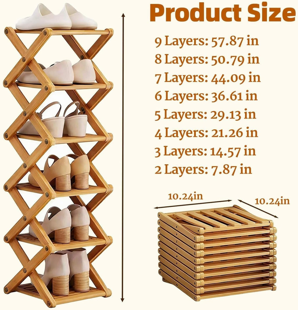 9 Tier Bamboo Shoe Rack, Heavy Duty Foldable Shelf Needing No Setup | Versatile Space-Saving & Sturdy Collapsible Bamboo Shoe Rack Organizer for Closet, Entryway, Over-Door, Dorm or Bedroom Use