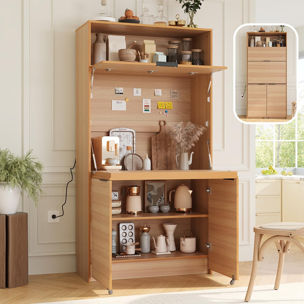 69'' Tall Kitchen Pantry Cabinet with Foldable Workstation, Kitchen F...