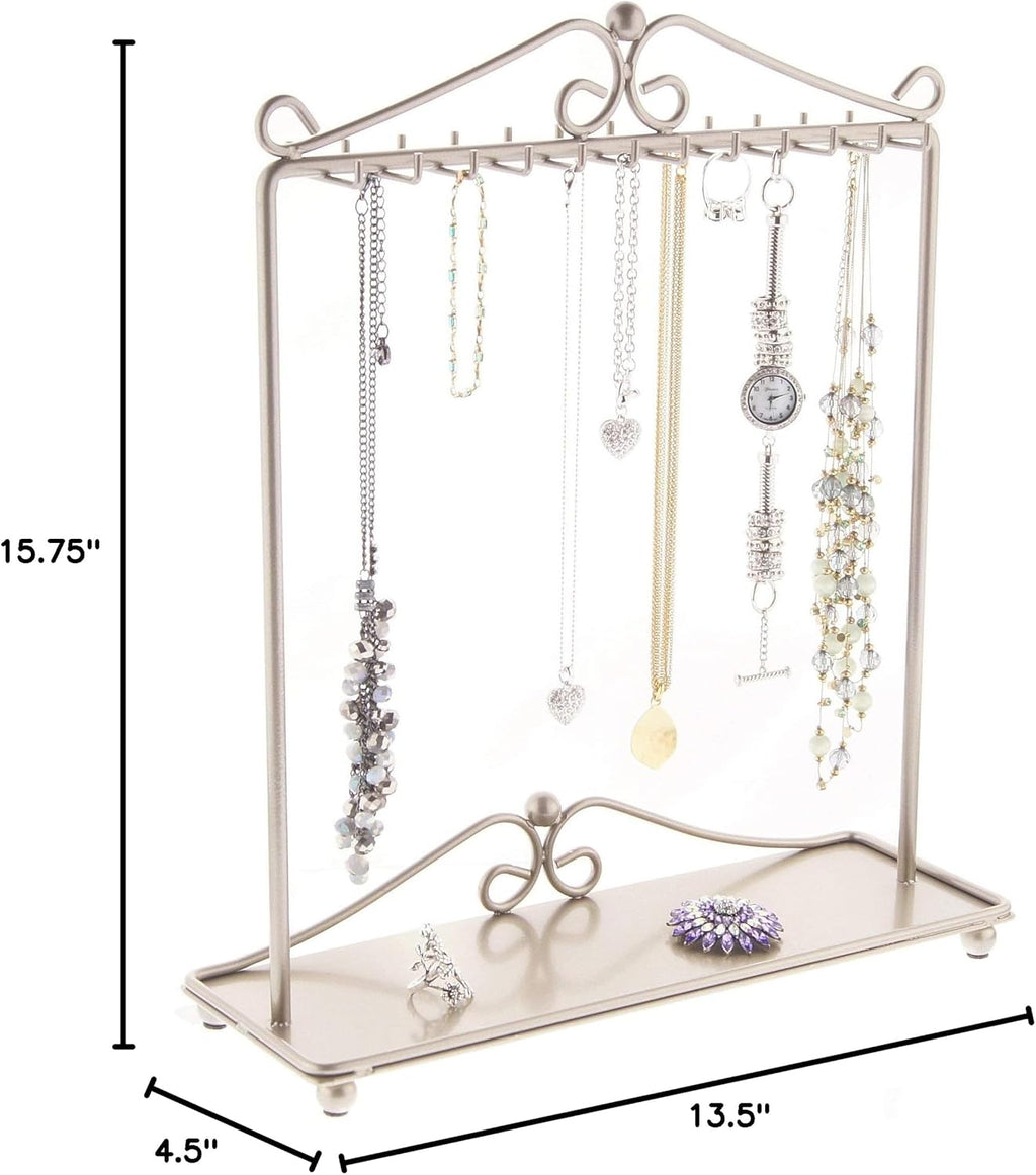 Angelynn's Sturdy Long Necklace Holder Organizer Tall Tabletop Pendant Display Stand, Freestanding Large Capacity Jewelry Tree, Calla Satin Nickel Silver 13 1/2" Wide x 15 3/4" Tall