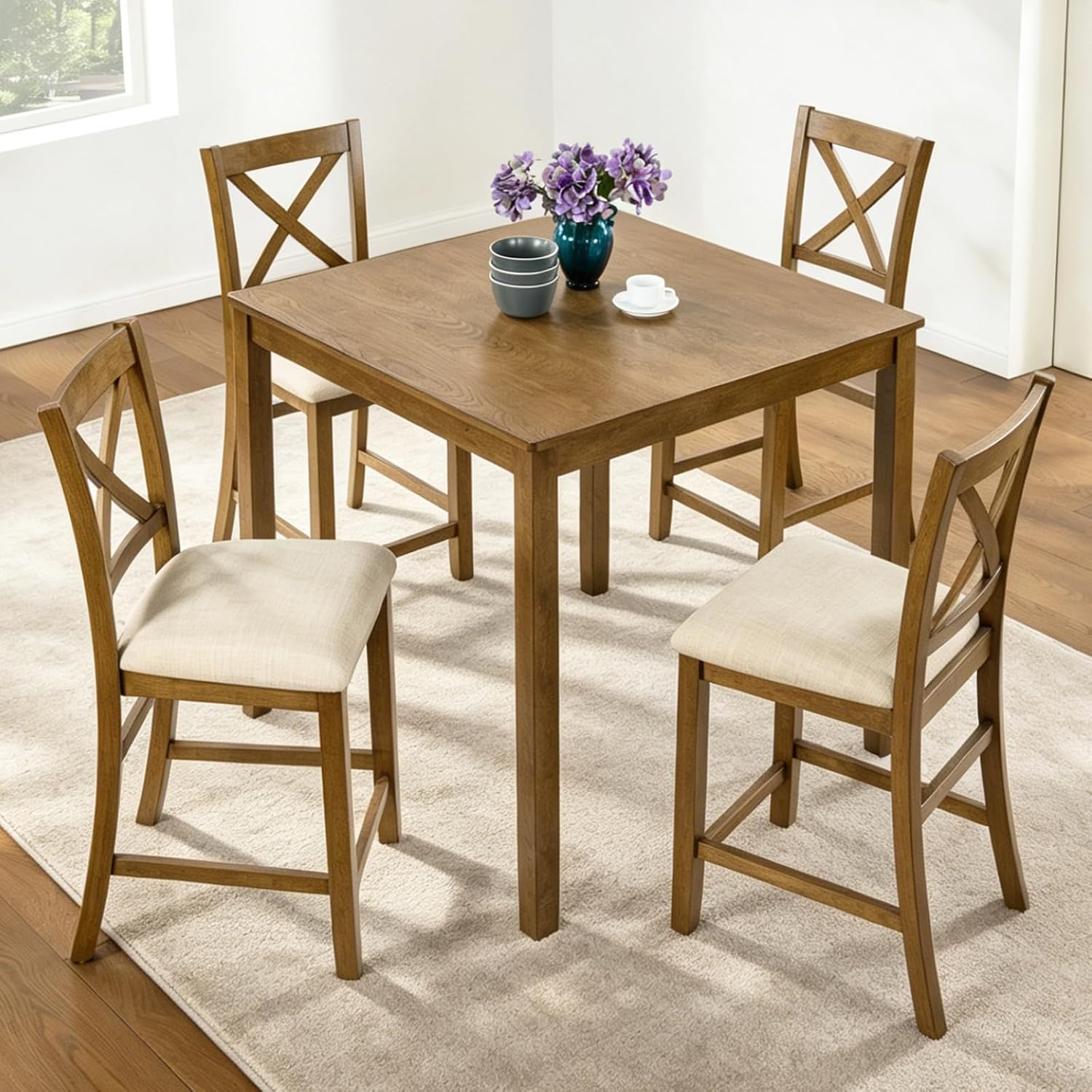 LUMISOL 5-Piece Dining Table Set for 4, Solid Wood Counter Height Kitchen Table Set with Square Table & 4 X-Back Chairs, Farmhouse Table and Chairs Set for Dining Room, Kitchen, Small Spaces, Oak
