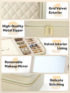 Velvet Travel Jewelry Box with Large Mirror, Double-Layer Jewelry Organizer Case for Women and Girls, Portable Storage Case with 6 Anti-Tarnish Bags Gift Ready for Her (Beige)