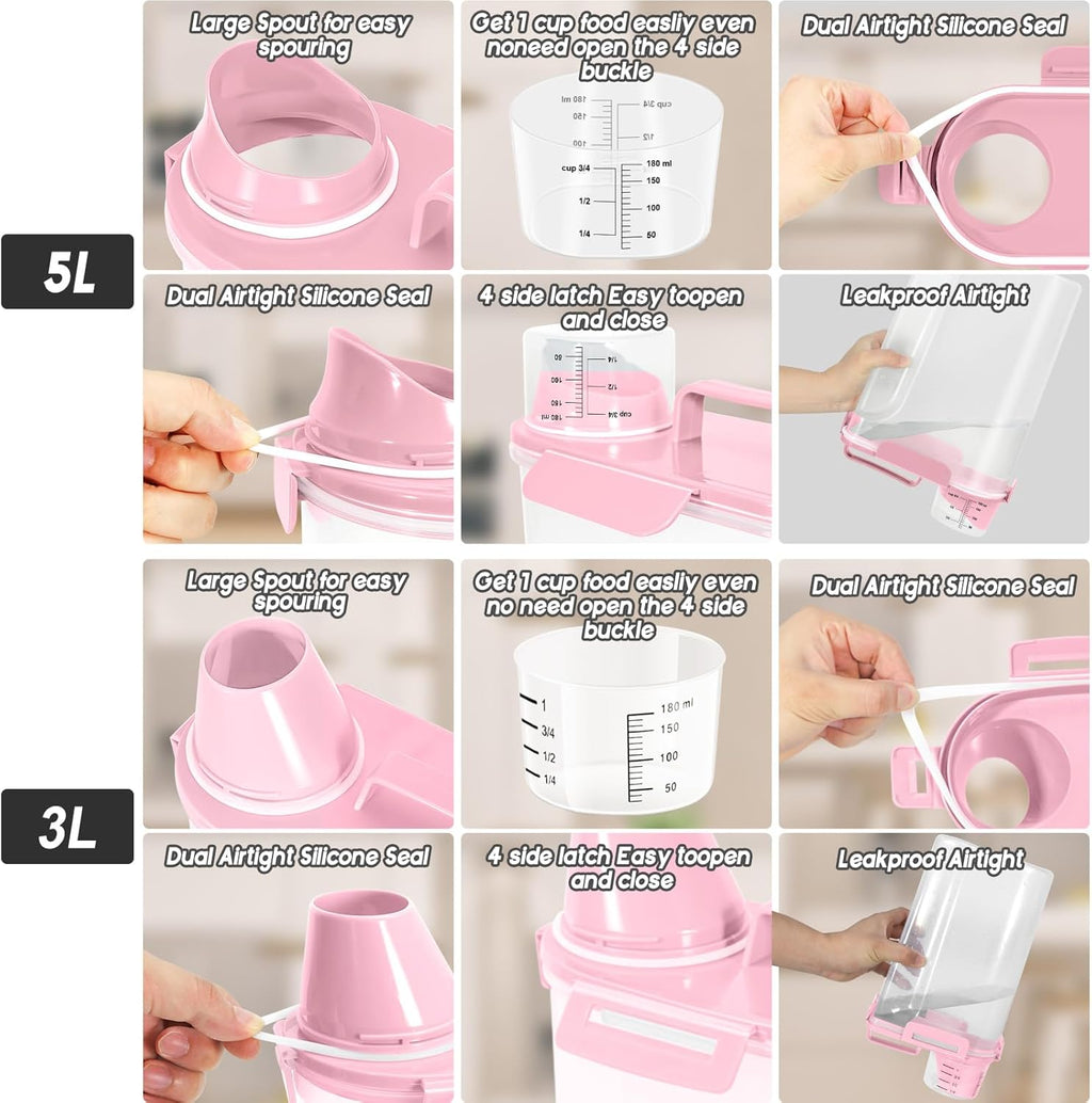 3+5Lbs 2Pack Small Cat Dog Food Storage Containers BPA Free, Airtight Pet Food Storage Containers with Large Pour Spout/1 Measuring Cup/ 4 Safety Locks and Double-Layer Silicone Strip (Pink)