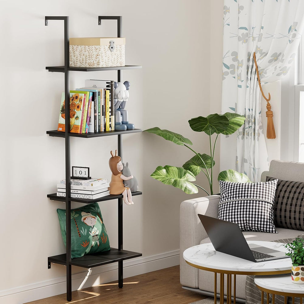 Ladder Shelf 4 Tiers Metal Industrial Bookshelf,Black Wooden Tall Open Storag...