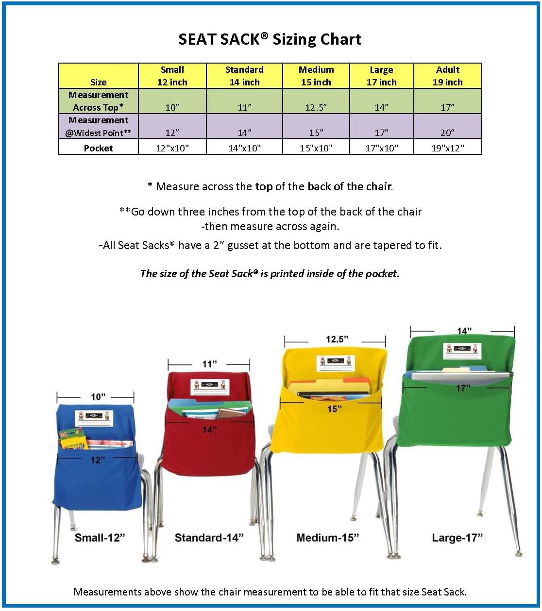 Seat Sack Student Chair Storage Pocket - 14", Single Pocket, Classroom Chair Organizer for Student Desks, Durable Over-the-Chair Storage, Blue, 1-Pack