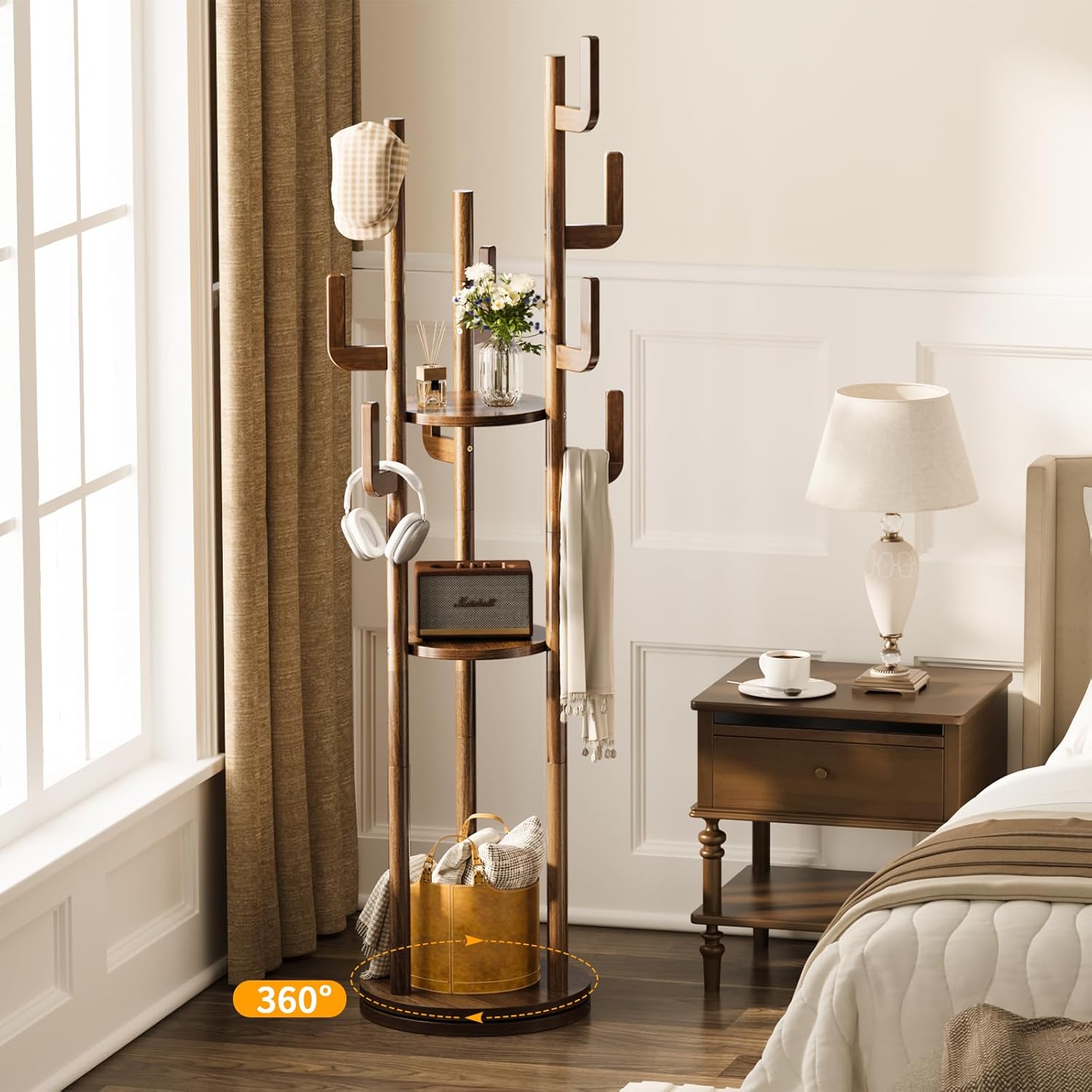 Yoobure Rotary Coat Rack Freestanding - Solid Wood Coat Tree with 9 hooks & 3 Storage Shelves for Purse, Bag, Jacket, Hat, Corner Hanger Stand Racks for Hall, Entryway, Office, Modern Clothes Holder