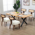 Upholstered Rattan Dining Chairs Set of 4, Mid-Century Modern Fabric Dining Room Chair with Brown Hardwood Frame, Curved Backrest Kitchen Chairs Armless Accent Chairs for Living Room (Cream)