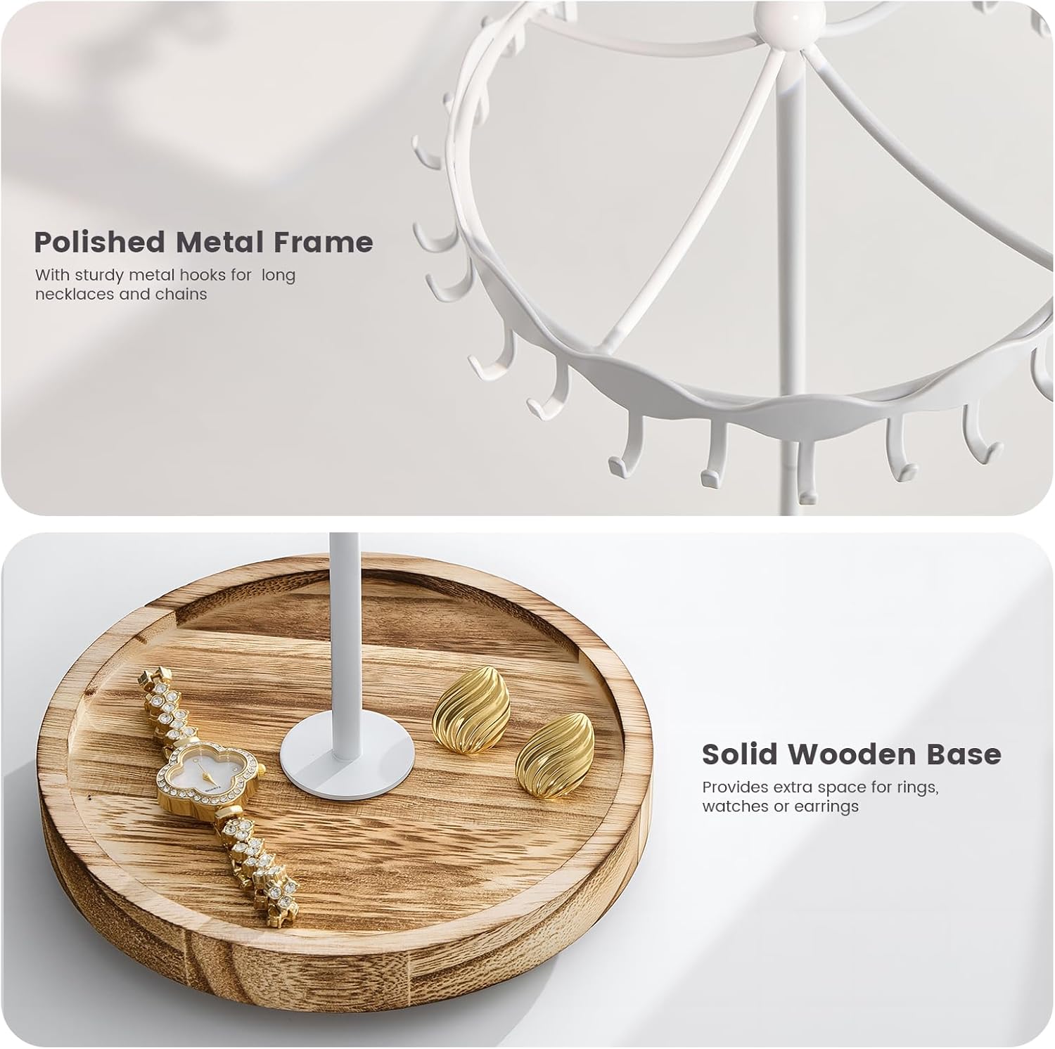 Lolalet Rotating Necklace Holder Stand with Metal Hooks, Spinning Display Carousels, Freestanding Organizer Hanger, for Long Necklaces Chains -White
