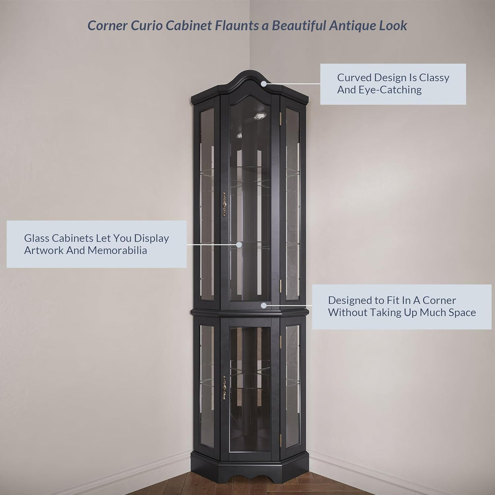 BELLEZE Lighted 3-Side Glass Display Curio Cabinet w/Tempered Glass Doors and...