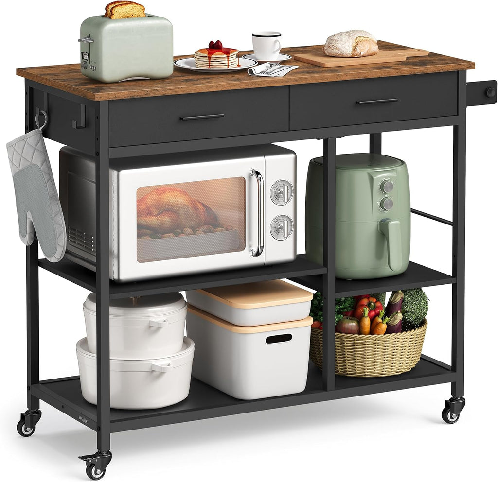 VASAGLE Kitchen Rolling Island, Mobile Kitchen Cart with Storage on Wheels, 17.7 x 38.8 x 35.4 Inches, Towel Rack, 2 Drawers, 2 Hooks, for Dining Room, Rustic Brown and Ink Black UKKI010KD01