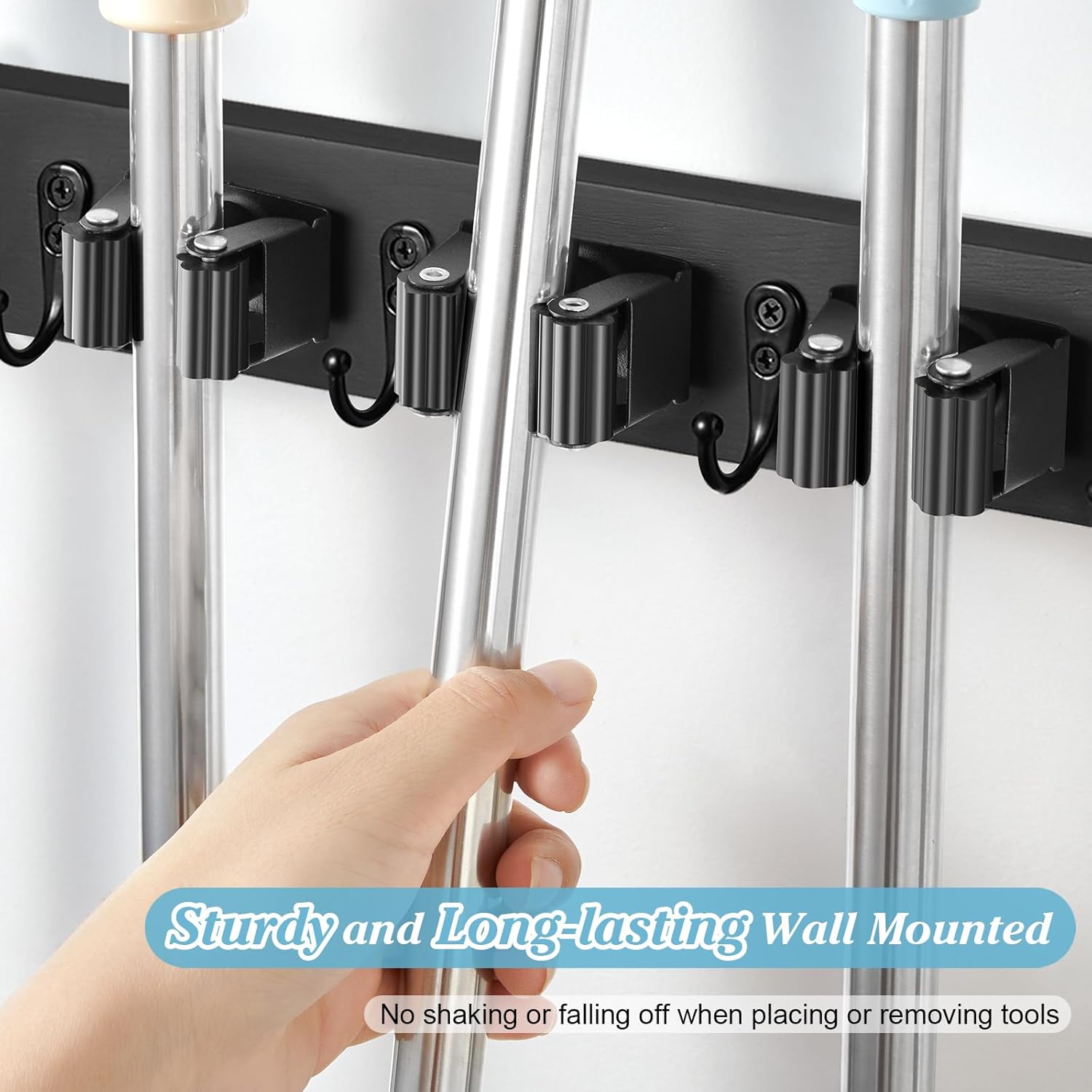 Black Broom Holder Wall Mount - Heavy Duty Wood Mop and Broom Organizer with 5 Slots & 4 Hooks - Sturdy Garden Tool Hanger for Laundry Room Closet Kitchen Garage Storage and Organization