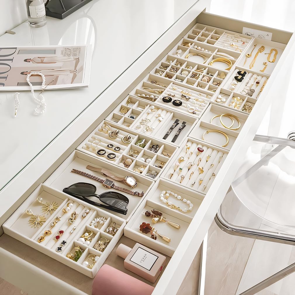 10 Pack Jewelry Organizer Tray Drawer Inserts Stackable Velvet Liner Dividers Customizable Jewellery Box Foam Ring Earring Holder Necklace Bracelet Storage Display Dish Flat in Dresser Vanity