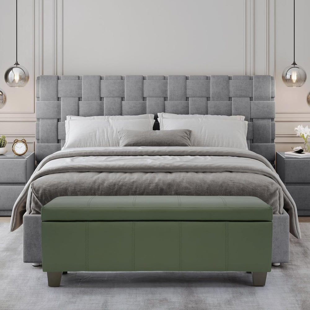 51 Inch Storage Ottoman, Storage Bench with Safety Hinge, Upholstered Synthet...