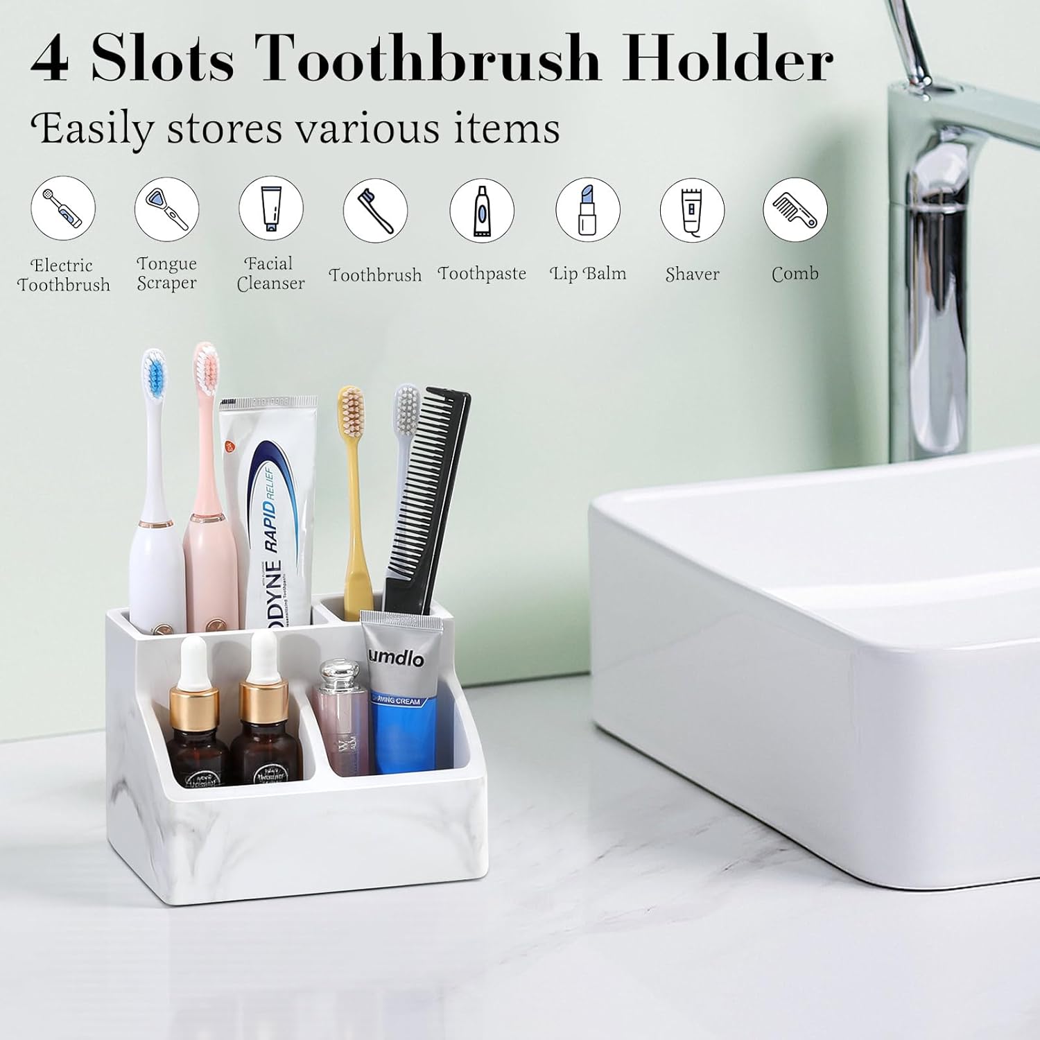 Luxspire Toothbrush Holder, Fast Drying Toothbrush Holders for Bathroom, Diatomaceous Earth Electric Tooth Brush Organizer Toothpaste Holder for Countertop Dresser, Marble White