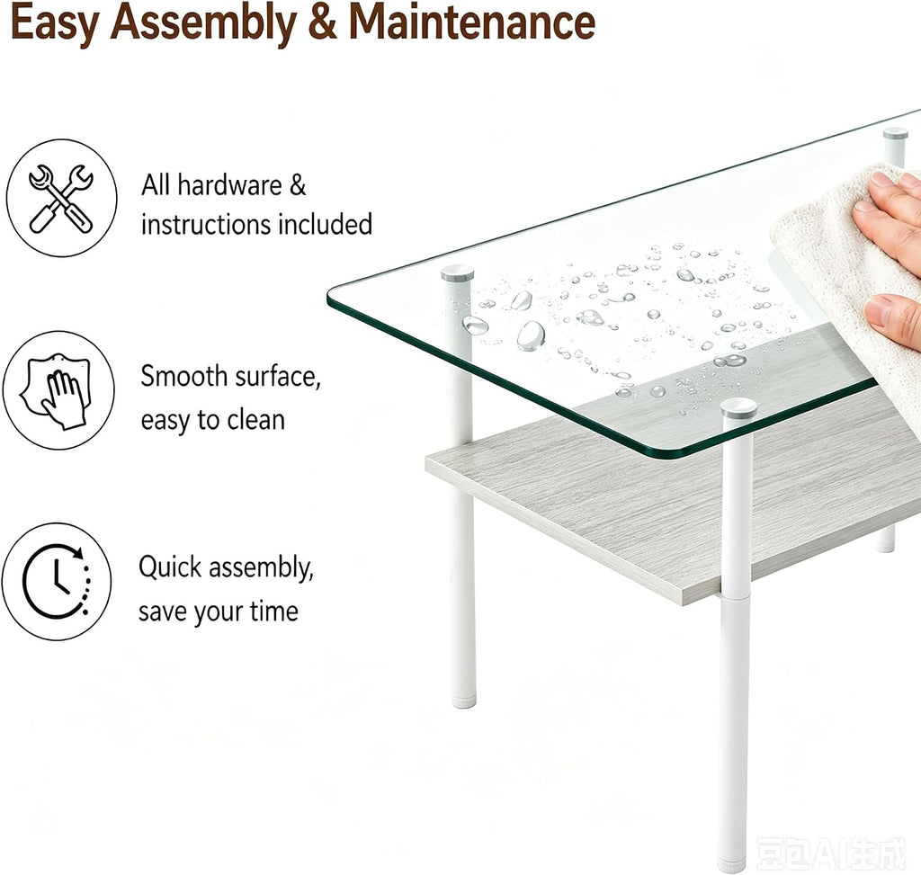 IANIYA Glass Coffee Table Modern Center Table, Coffee Table for Living Room, Tempered Glass-top with Sturdy Metal Frame, Easy Assembly, White