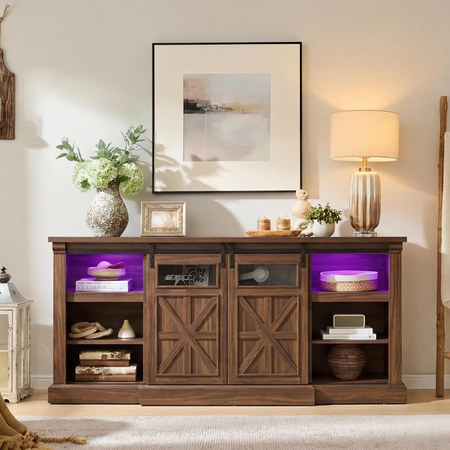 Fireplace TV Stand for up to 80 Inch TVs, 32’’ Tall LED Entertainment Center with Electric Fireplace, Farmhouse TV Console Table w/Sliding Barn Door & Window for Living Room, Brown