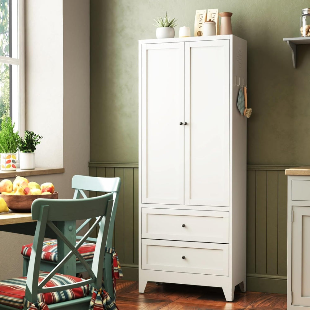 Hassyee White Metal Kitchen Pantry Cabinet Adjustable Storage with 4 Shelves ...