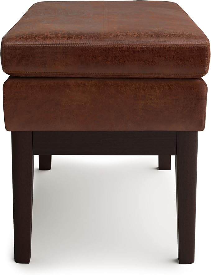 SIMPLIHOME Carlson Ottoman Bench Solid Pine Wood Frame with Faux Leather Upholstery for Living Room, Bedroom, Entryway, 26.4 x 15 x 17.5 inches, Distressed Saddle Brown
