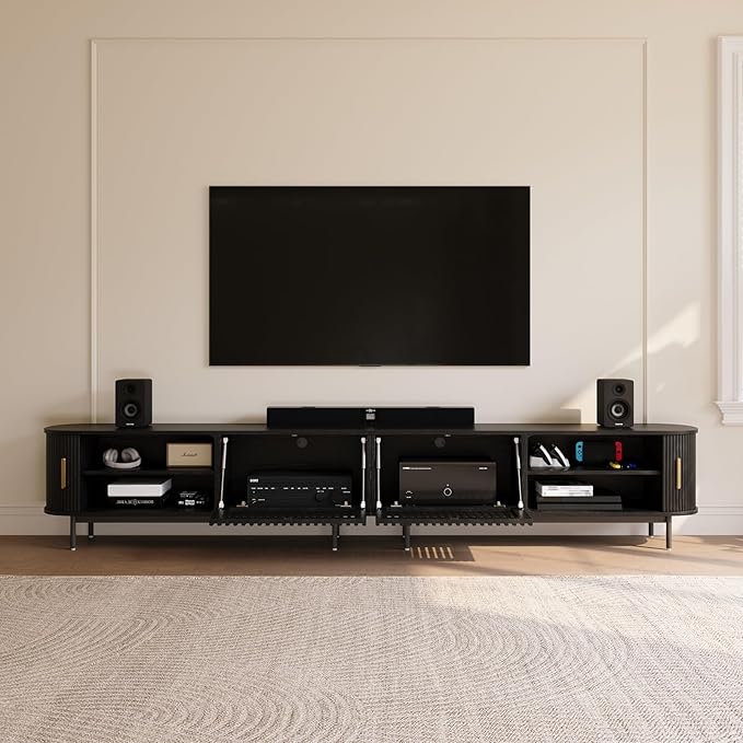 POVISON Fully-Assembled Sliding Tambour Door TV Stand, Mid Century Modern TV Console, Wood Media Console, Entertainment Center with Storage Cabinet(Black, 118.11")