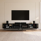 POVISON Fully-Assembled Sliding Tambour Door TV Stand, Mid Century Modern TV Console, Wood Media Console, Entertainment Center with Storage Cabinet(Black, 118.11")