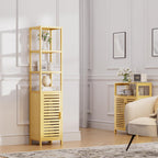 HITNET Bathroom Floor Cabinet, 6 Tier Tall Thin Linen Tower Storage Cabinet Free Standing Bamboo, Kitchen Side Organizer with 3 Shelves and Cupboard, Natural