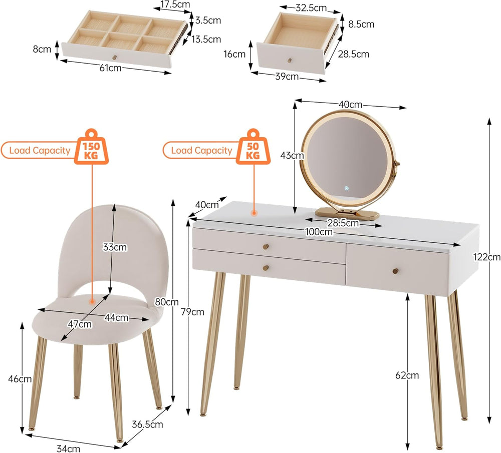 KDCAS 39" White and Gold Vanity with Lights and Chair