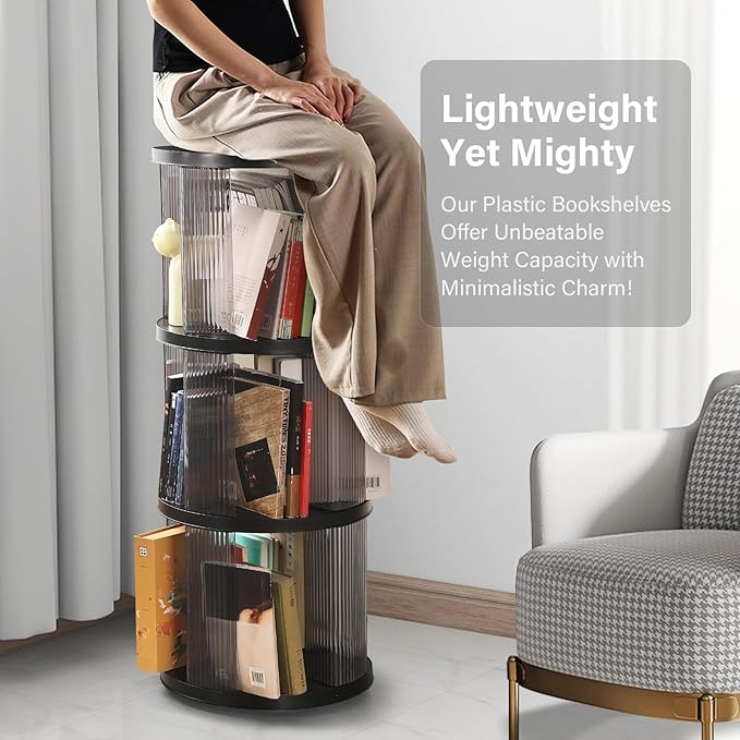 4 Tier Rotating Bookshelf, Small Corner Bookshelf for Small Space, 360 Display Floor Standing Bookcase, Lazy Susan Plastic Narrow Book Organizer for Bedroom, Living Room, Round, Black