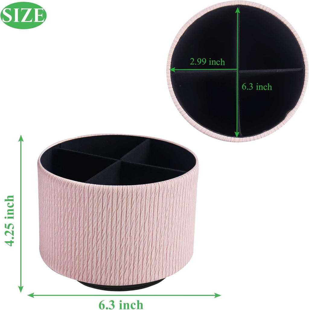 Round Leather Art Supply Organizer,Remote Control Holder,360 Degree Spinning,Multi-Functional Pencil Holder,4 Compartments Desktop Stationary Organizer(1-Wood Pink2)