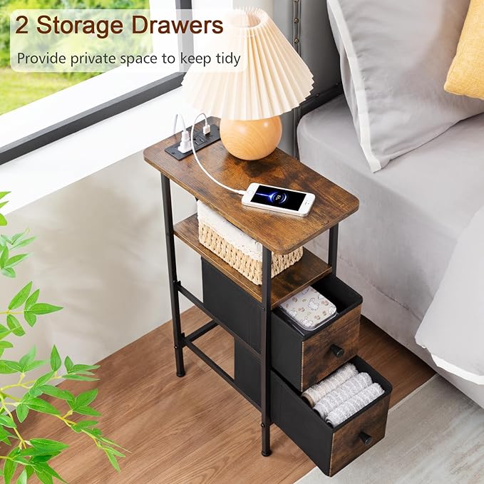 Narrow End Tables Living Room Set of 2 with Charging Station, Skinny Side Tab...