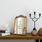 Vintage Vanity Mirror Small Gold Makeup Desk Mirror with Stand Antique Traditional Arched Table Mirror 8.5x12 for Countertop Tabletop Living Room Bedroom Bathroom