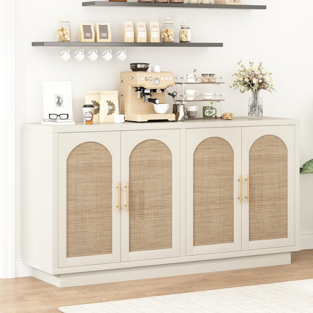 59" Rattan Sideboard Buffet Cabinet with Storage, 4 Arched Doors
