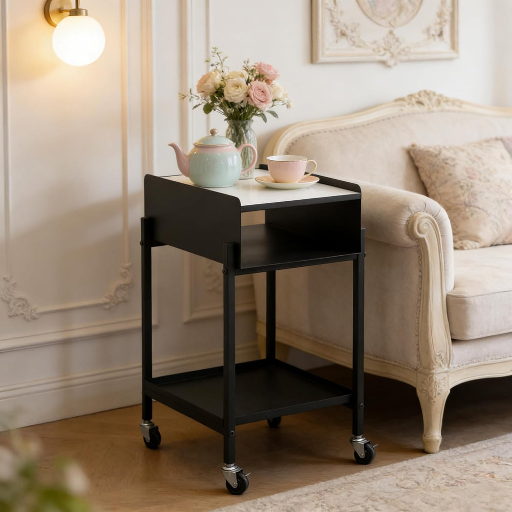 Bedside Table with Wheels Rolling Nightstand 3-Tier Sofa Side Table Modern En...