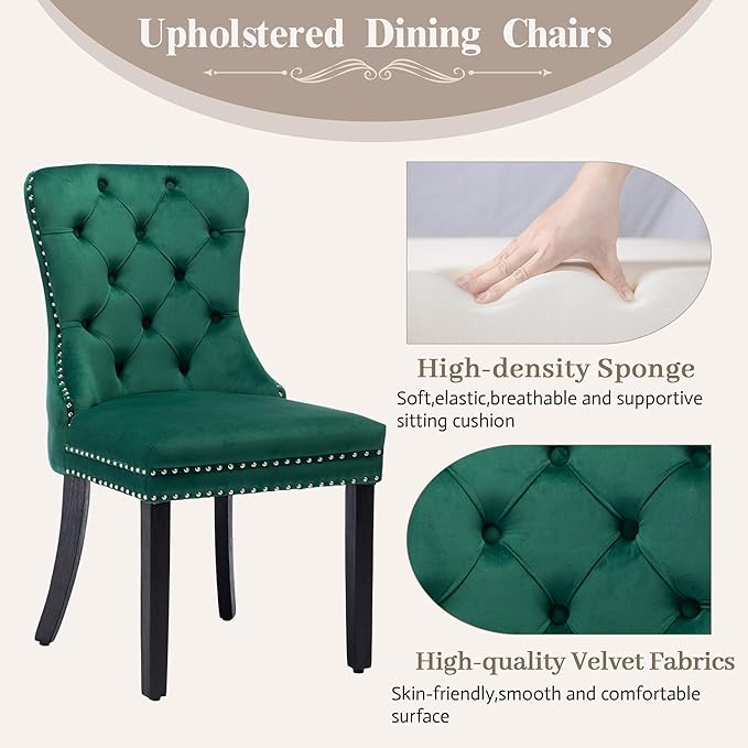 KCC Velvet Dining Chairs Set of 4, Upholstered High-end Tufted Dining Room Chair with Nailhead Back Ring Pull Trim Solid Wood Legs, Nikki Collection Modern Style for Kitchen, Green