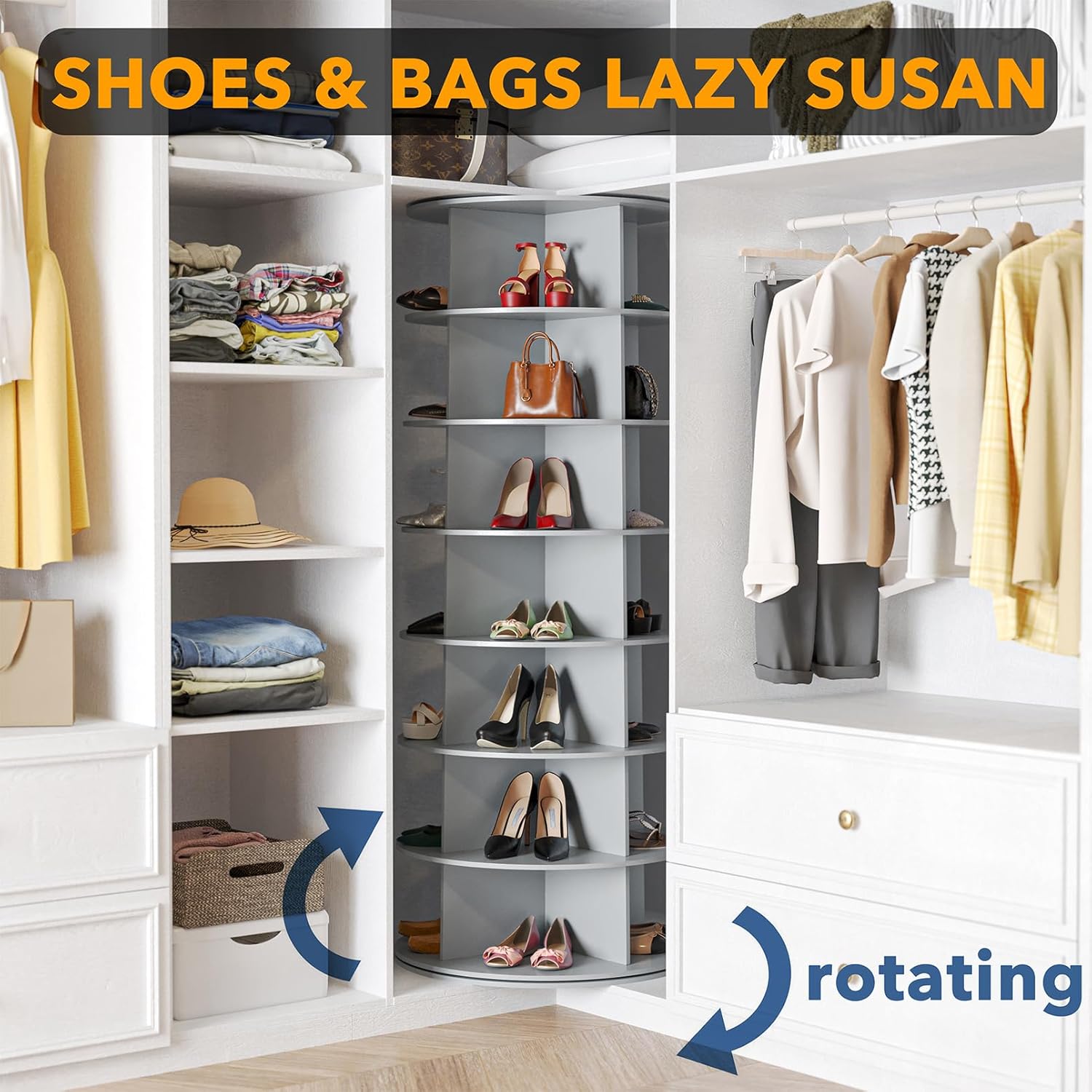 SpaceAid 7 Tier Rotating Shoe Rack Tower, Spinning Shoe Display Lazy Susan, Revolving 360 Shoe Rack Storage Round Carousel, Vertical Handbag Rotate Shoes Closet Organization (7-Tier Gray)