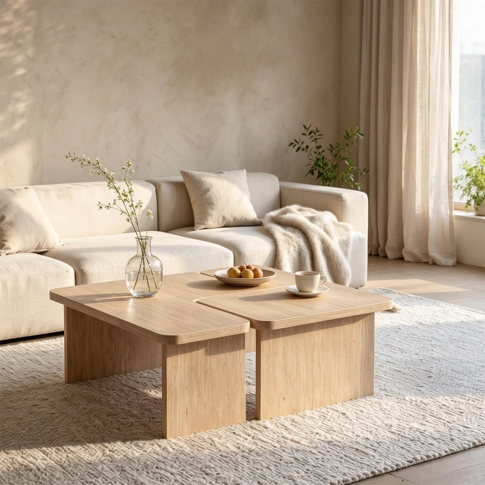 Nesting Modular Square Table Set, 2Pcs Living Room Furniture | Warm cream bei...