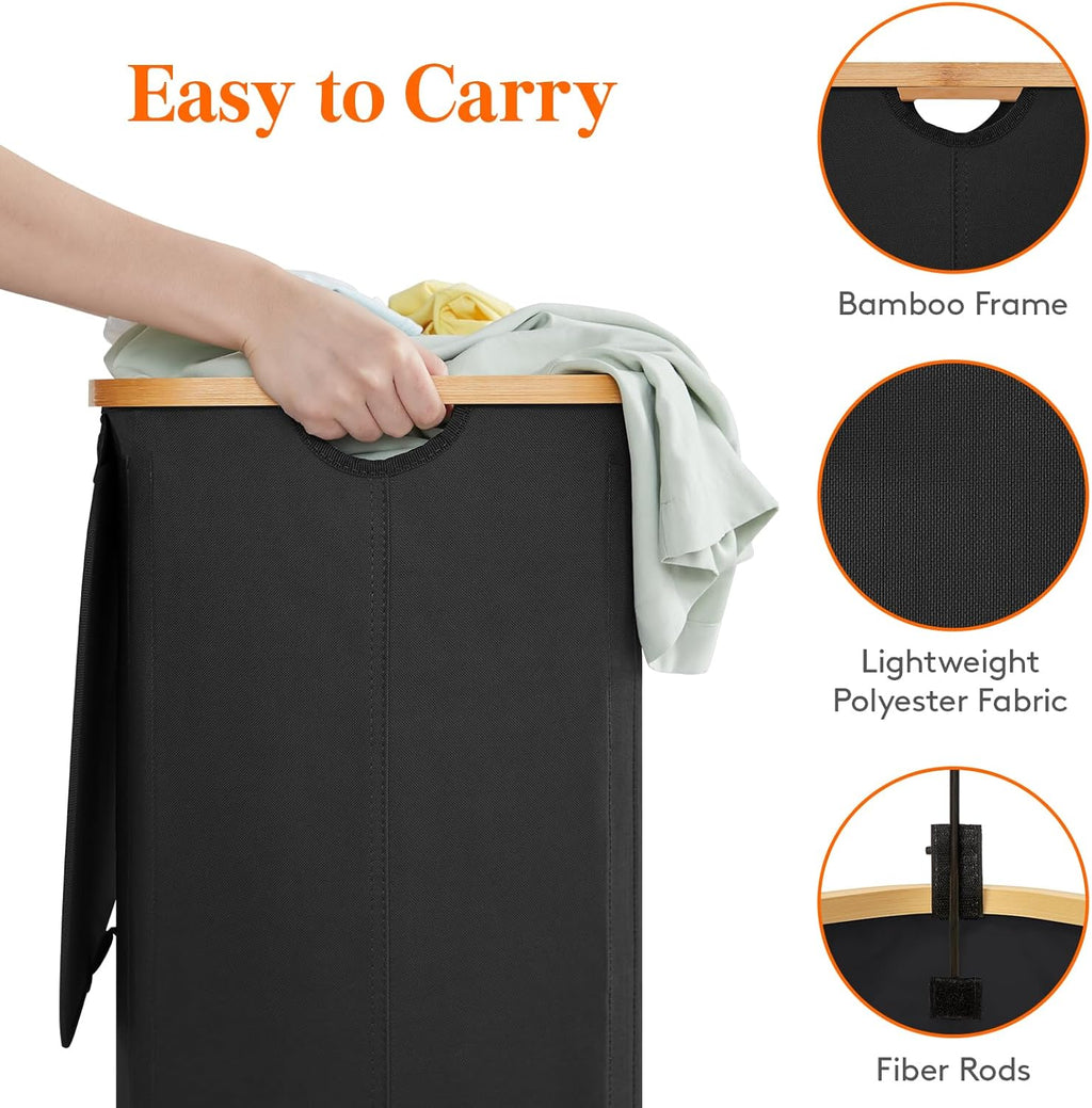 Lifewit 150L Laundry Basket with Lid, Clothes Hampers with Bamboo Handles and 2 Removable Bags, Large Foldable Laundry Hamper for Bedroom, Bathroom, Dorm, Black