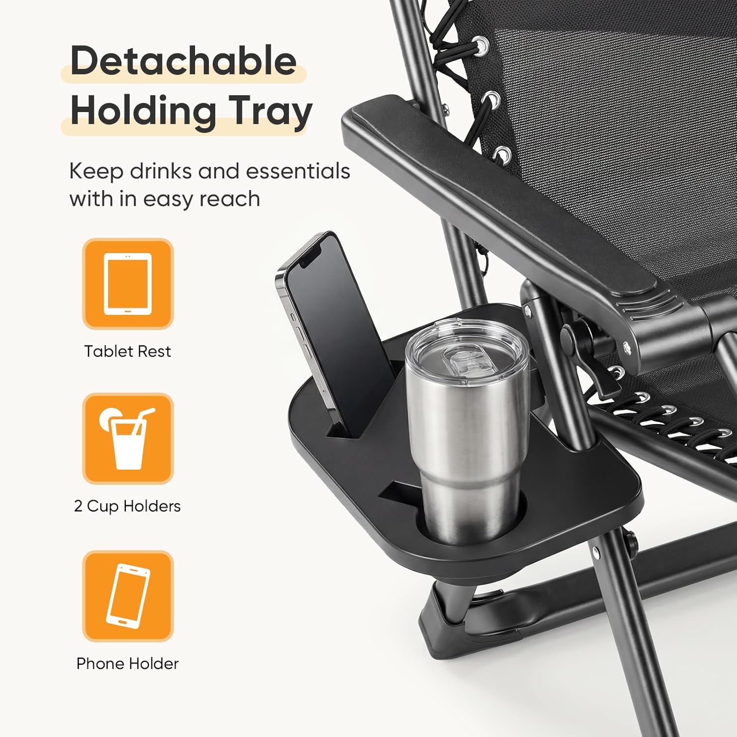 NEWBULIG Zero Gravity Chair, Folding Patio Recliner with Removable Cushion & Cup Holder Trays, Portable Lounge Chair for Beach & Camping, Classic Black