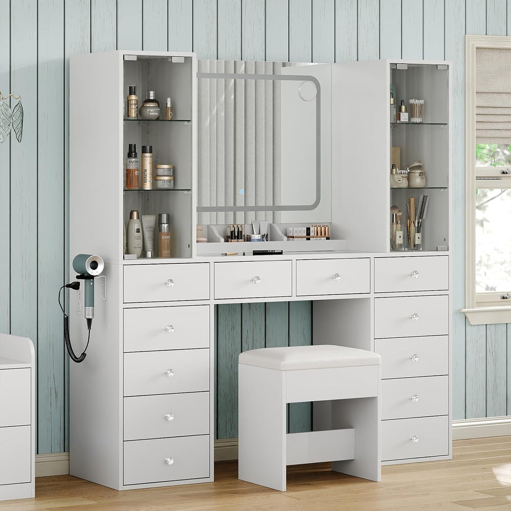 Yanosaku Vanity with 12 Drawers & 2 RBG Lights Cabinets, Makeup Vanity wi...