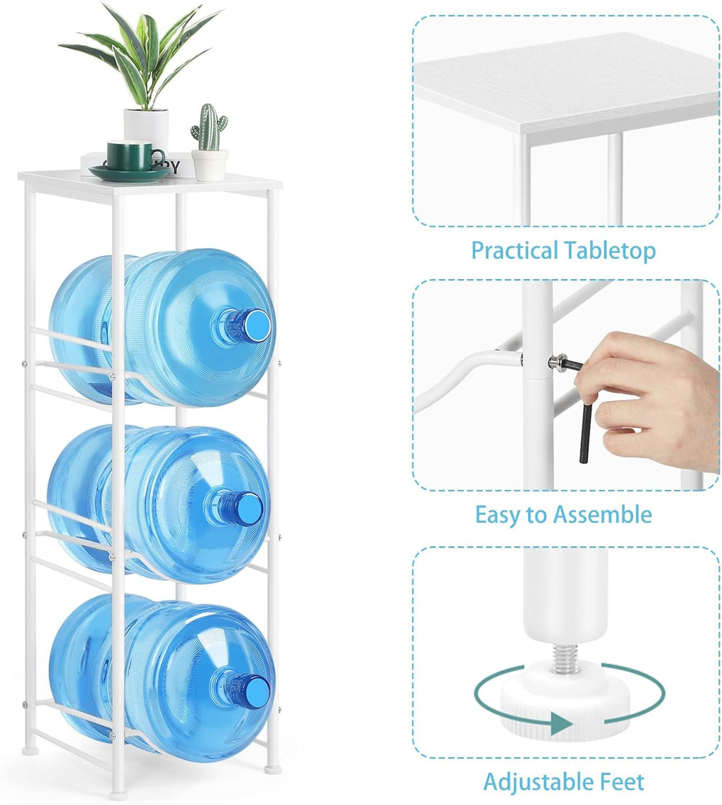 OYEAL 5 Gallon Water Bottle Jug Holder 3-Tier Water Bottle Holder Organizer with Top Shelf, Heavy Duty Water Dispenser Stand Rack for Kitchen Living Room Office, White