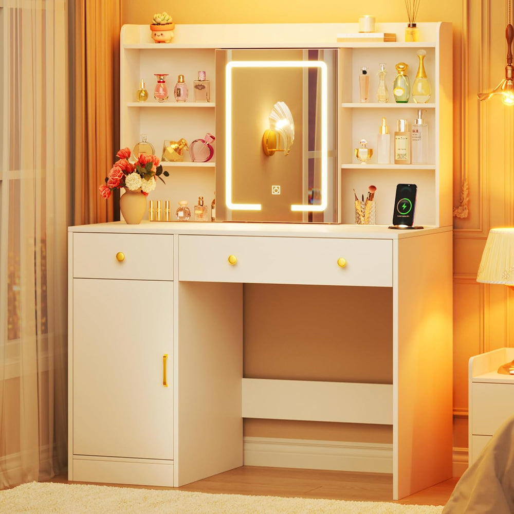 HUAHUU 37.4" Vanity Desk with Mirror and Lights, Makeup Vanity with LED ...